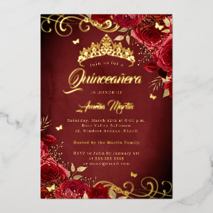 Elegant Royal Red Rose Gold Swirl Quinceanera