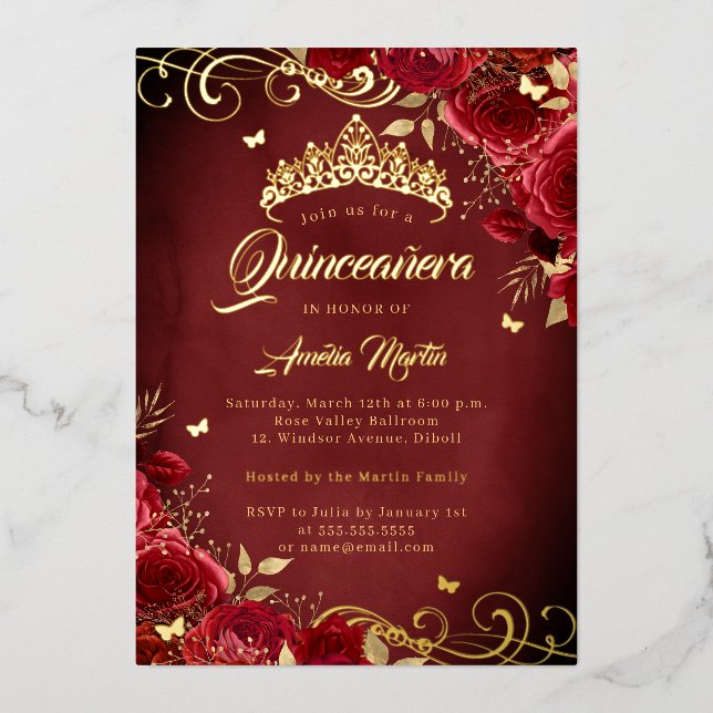 Elegant Royal Red Rose Gold Swirl Quinceanera   (Front)