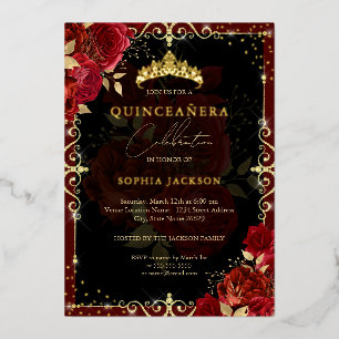 Elegant Royal Red Sparkle Gold Rose Quinceanera