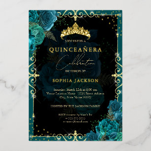 Elegant Royal Teal Gold Rose Quinceanera
