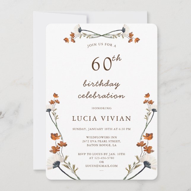 Elegant Royal Wildflower 60 Birthday Party Invitation (Front)