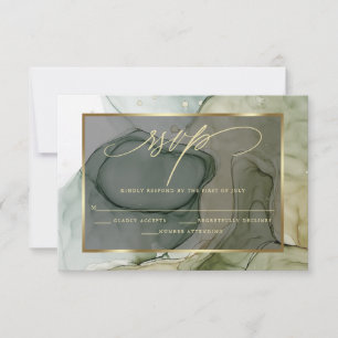Elegant RSVP Deep Forest Drab Green Marbled Ink  Card