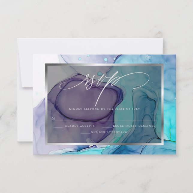 Elegant RSVP Deep Purple Aqua Marble Ink  Card (Front)
