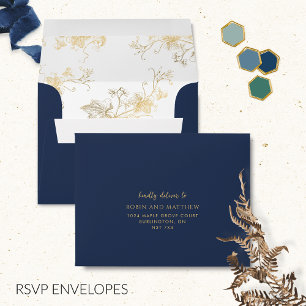 Elegant RSVP Navy Blue with Gilded Floral Envelope