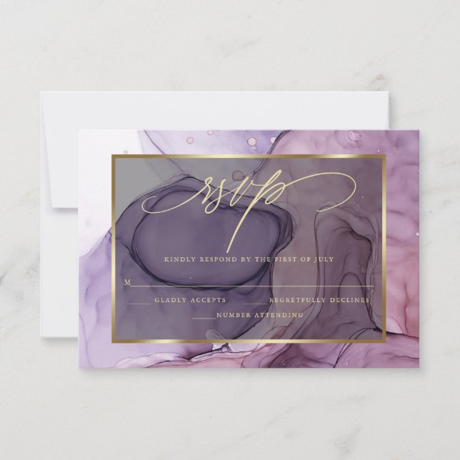 Elegant RSVP Rose Pink Plum Purple Marbled Ink  Card (Front)