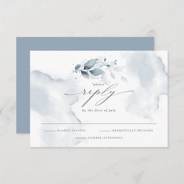 Elegant RSVP Watercolor Foliage Dusty Blue  (Front/Back)