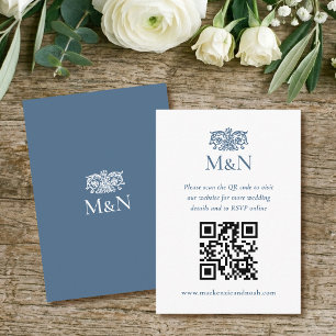 Elegant RSVP Wedding Monogram QR Code Blue White Enclosure Card