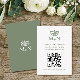 Elegant RSVP Wedding Monogram QR Code Green Enclosure Card