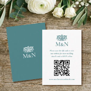 Elegant RSVP Wedding Monogram QR Code Teal Green Enclosure Card