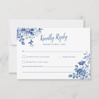 Elegant RSVP with blue floral and caligraphic font Card