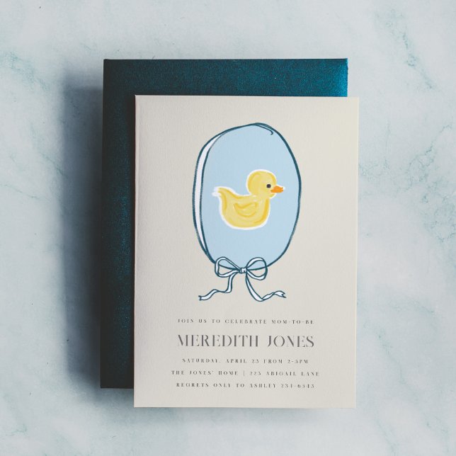 Elegant Rubber Ducky Baby Shower Invitation (Elegant meets cute rubber ducky Baby Shower invite featuring a yellow ducky framed in a blue ribbon.)