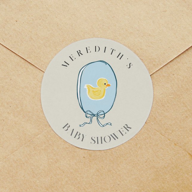 Elegant Rubber Ducky Ribbon Baby Shower Classic Round Sticker (Elegant meets cute rubber ducky framed in a blue ribbon tied in a bow Baby Shower sticker..)