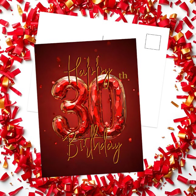 Elegant Ruby and Gold 30th Birthday Celebration Postcard (Creator Uploaded)