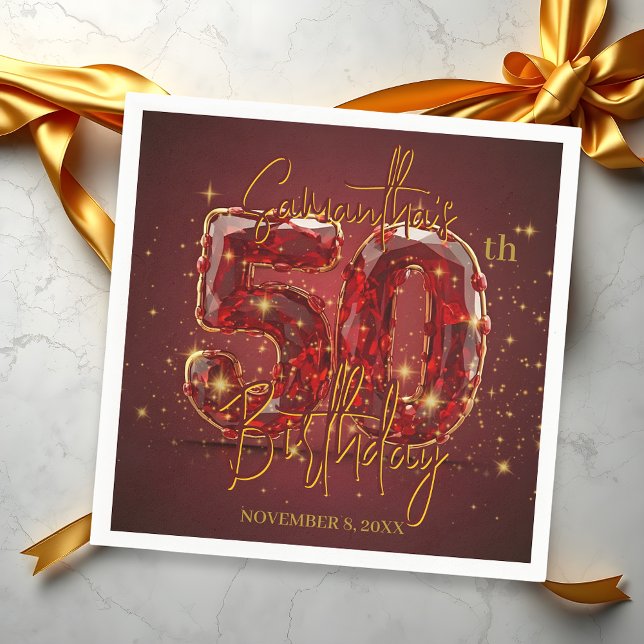 Elegant Ruby and Gold 50th Birthday Celebration Napkin (Creator Uploaded)