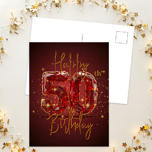 Elegant Ruby and Gold 50th Birthday Celebration Postcard