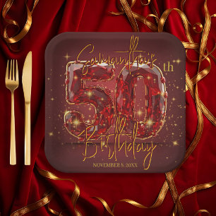 Elegant Ruby and Gold Gemstone 50th Birthday Paper Plate