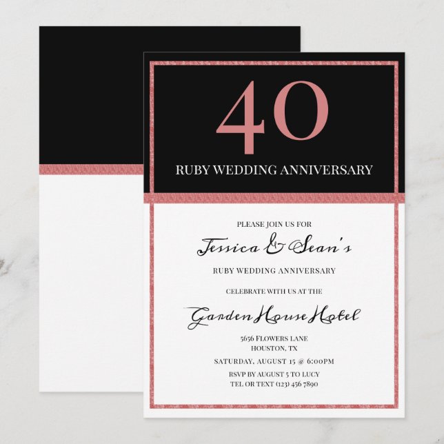 Elegant Ruby & Black 40th Wedding Anniversary Invitation (Front/Back)