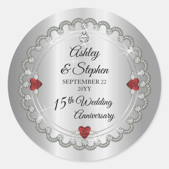 Elegant Ruby | Diamonds 15th Wedding Anniversary Classic Round Sticker (Front)