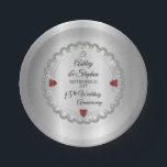 Elegant Ruby | Diamonds 15th Wedding Anniversary Paper Plate<br><div class="desc">Opulent elegance frames this 15th wedding anniversary design in a unique scalloped diamond design with centre teardrop diamond with faux heart-shaped rubies and added faux sparkles on a silver-tone gradient. Please note that all embellishments are printed and are only made to appear as real as possible in a flat, printed...</div>