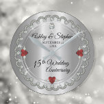 Elegant Ruby | Diamonds 15th Wedding Anniversary Round Clock<br><div class="desc">Opulent elegance frames this 15th wedding anniversary design in a unique scalloped diamond design with centre teardrop diamond with heart-shaped ruby accents and faux added sparkles on a silver-tone gradient. Please note that all embellishments are printed and are only made to appear as real as possible in a flat, printed...</div>