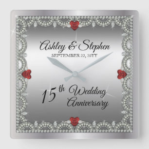 Elegant Ruby   Diamonds 15th Wedding Anniversary Square Wall Clock