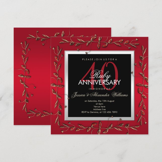 Elegant Ruby Gemstones 40th Wedding Anniversary Invitation (Front/Back)