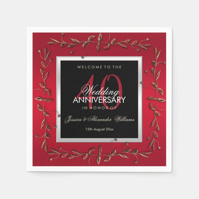 Elegant Ruby Gemstones 40th Wedding Anniversary Napkin (Front)