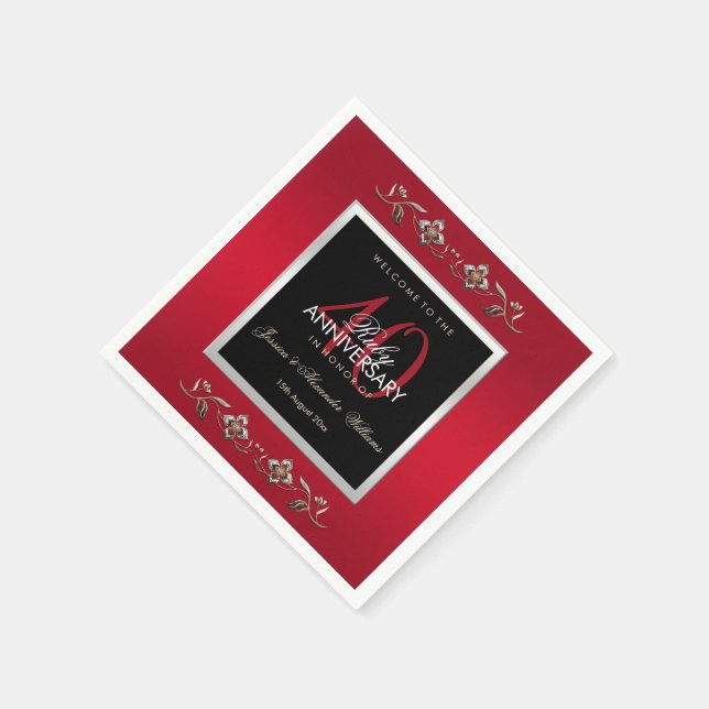 Elegant Ruby Gemstones 40th Wedding Anniversary Napkin (Corner)