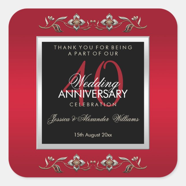 Elegant Ruby Gemstones 40th Wedding Anniversary Square Sticker (Front)