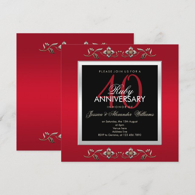 Elegant Ruby Jewels 40th Wedding Anniversary Invitation (Front/Back)