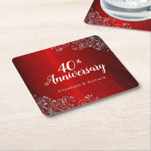 Elegant Ruby Red 40th Anniversary Party Square Paper Coaster