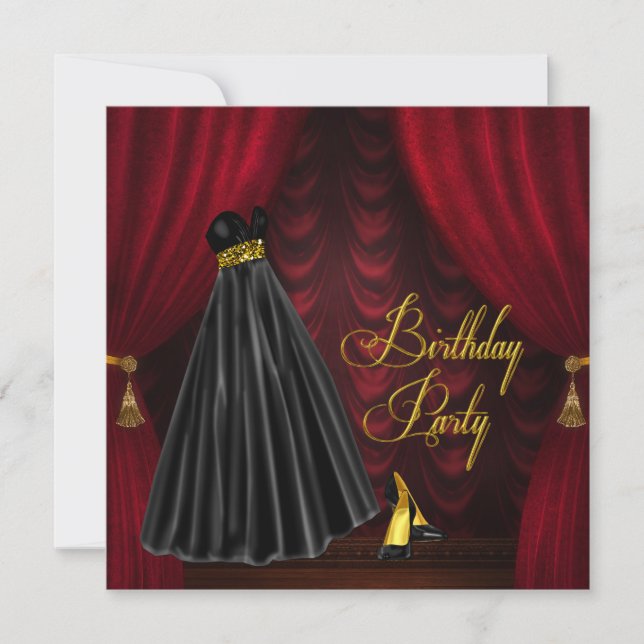 Elegant Ruby Red and Gold Birthday Party Invitation (Front)
