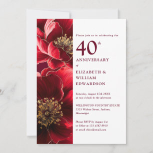Elegant Ruby Red And Gold Floral 40th Anniversary Invitation