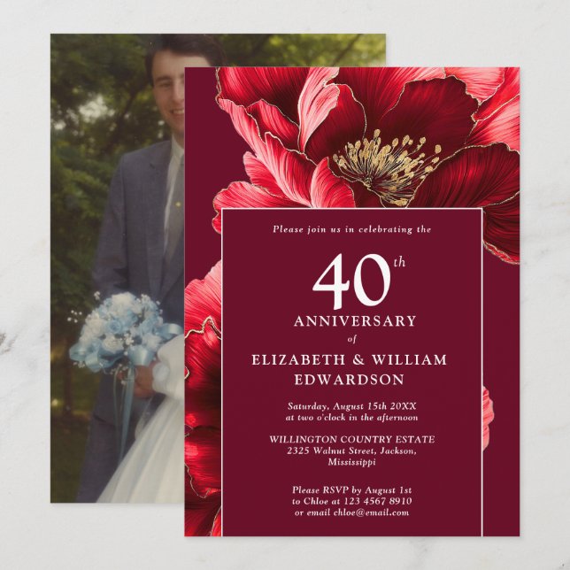 Elegant Ruby Red Floral 40th Anniversary Photo Invitation (Front/Back)
