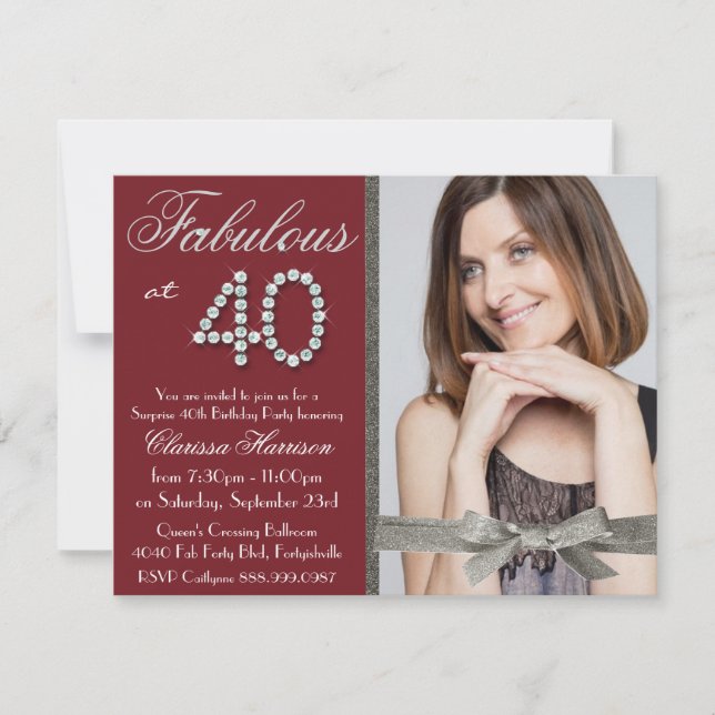 Elegant Ruby Red Glitter Rhinestone Fab 40 Photo Invitation (Front)