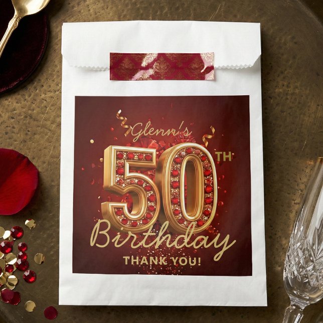 Elegant Ruby Red Gold 50th Birthday Thank You Favour Bags (Creator Uploaded)