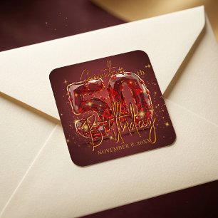 Elegant Ruby Red Gold Gem 50th Birthday Party Square Sticker
