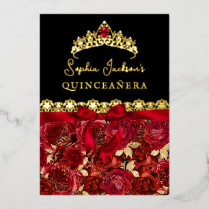 Elegant Ruby Red Gold Rose Quinceanera