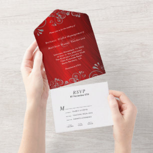 Elegant Ruby Red Grey Swirl Wedding  All In One Invitation