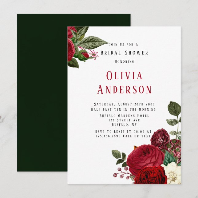 Elegant Ruby Red Peonies Bridal Shower Invitation (Front/Back)