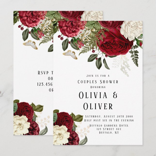 Elegant Ruby Red Peonies Couples Shower Invitation (Front/Back)