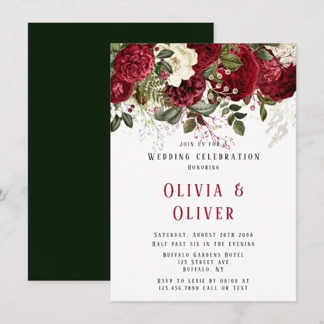 Elegant Ruby Red Peonies Wedding Invitation (Front/Back)