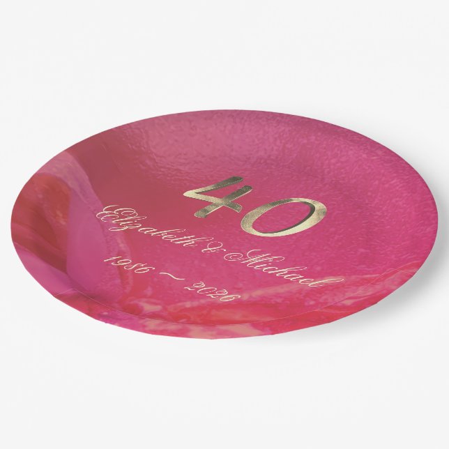 Elegant Ruby Red Pink Gold 40th Anniversary Paper Plate (Angled)
