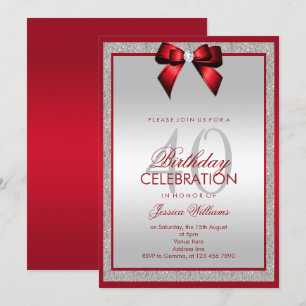 Elegant Ruby Red  Silver Glitter 40th Birthday Invitation