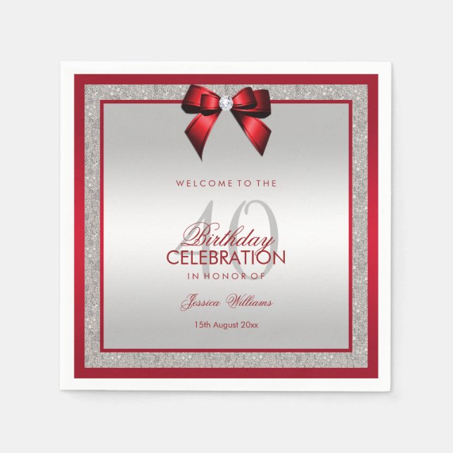 Elegant Ruby Red & Silver Glitter 40th Birthday Napkin (Front)