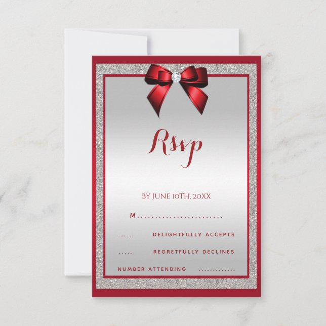 Elegant Ruby Red & Silver Glitter Birthday RSVP Card (Front)