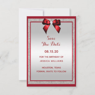 Elegant Ruby Red & Silver Glitter Birthday Save The Date