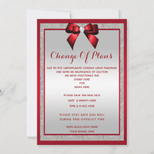 Elegant Ruby Red & Silver Glitter Change of plan Save The Date