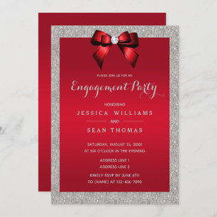 Elegant Ruby Red & Silver Glitter Engagement Invitation