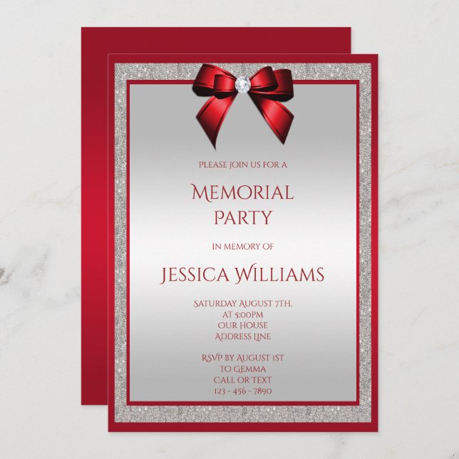 Elegant Ruby Red  Silver Glitter Memorial Party Invitation (Front/Back)